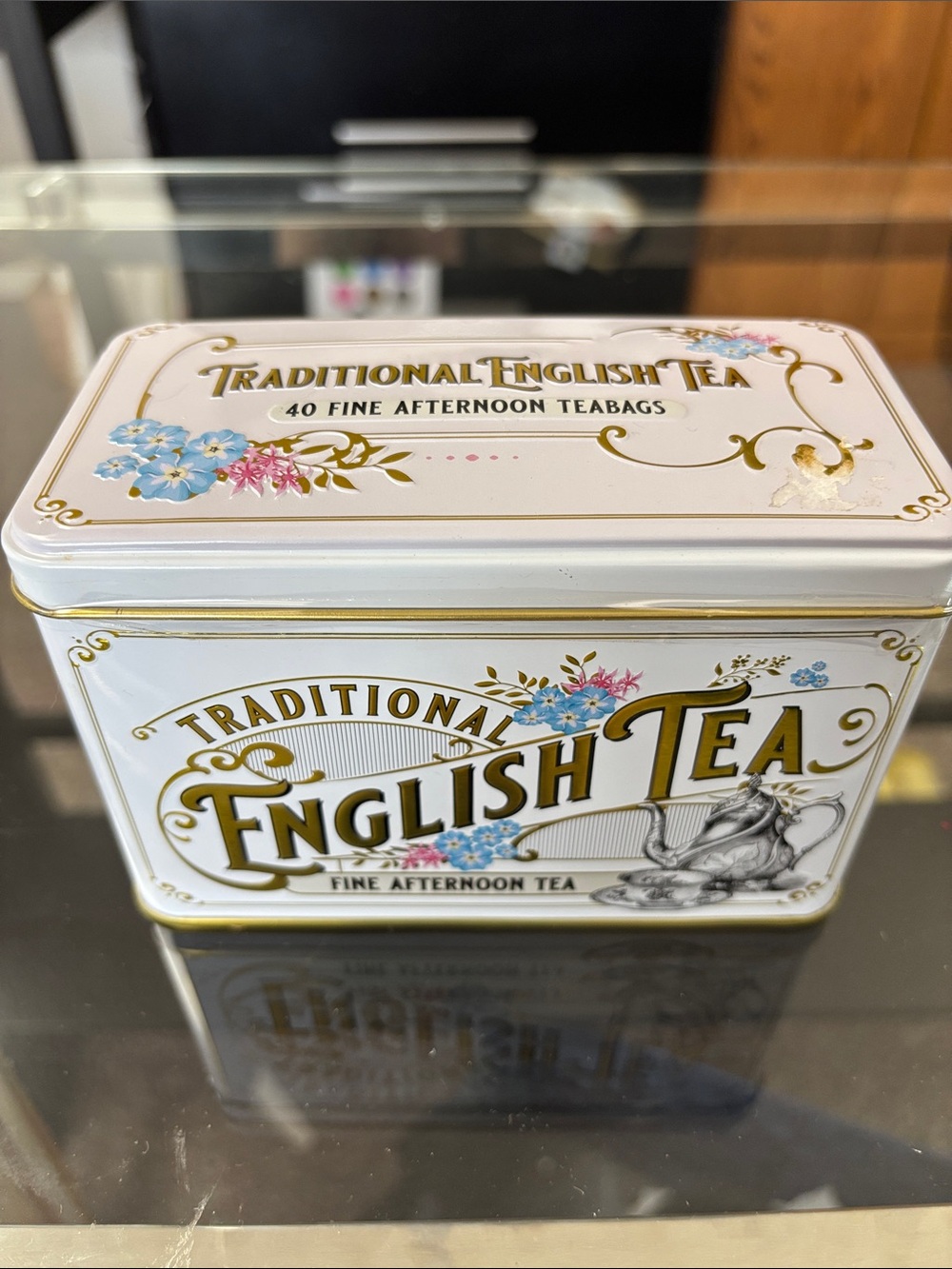 Traditional English Tea Tin-White & Gold Floral Filled with Traditional Tea Bags